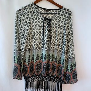 Monteau Boho Top Peasant Bell Lace Up Tribal Aztec